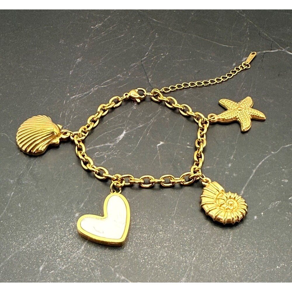 18K Gold Plated Starfish Shell Heart Bracelet Stainless Steel Adjustable NEW - Picture 2 of 5